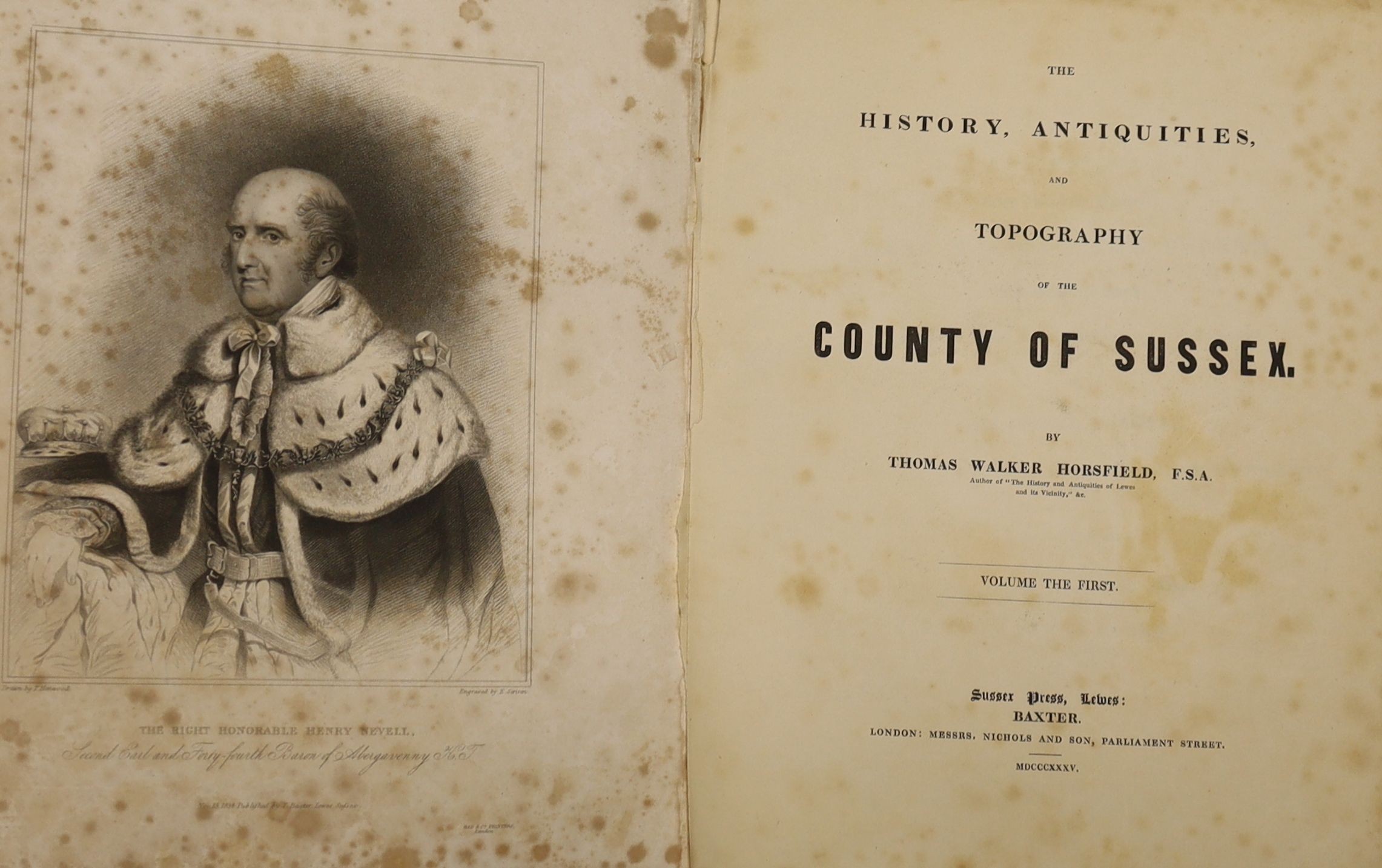 Horsfield, Thomas Walker - The History, Antiquities and Topography of the County of Sussex, 2 vols, folio, half calf, front board detached in vol 1, Baxter, Lewes, 1835 and Putron, P de Rev. - Nooks and Corners of Old Su